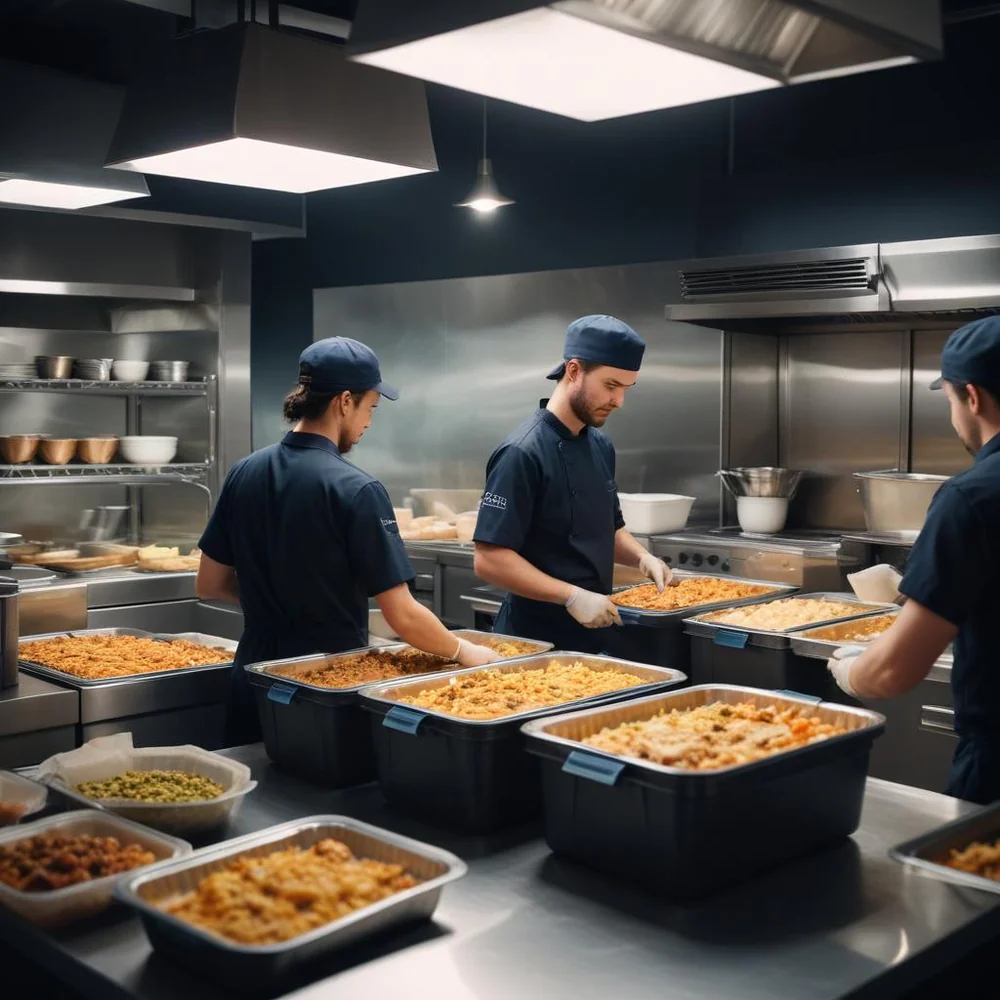 Operação de dark kitchen e delivery — equipe preparando e montando pedidos para entrega Operação de dark kitchen e delivery — equipe preparando e montando pedidos para entrega