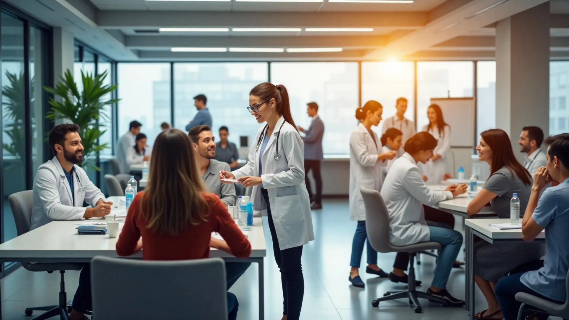 Profissional de saúde realizando vacinação ocupacional em ambiente corporativo moderno Profissional de saúde realizando vacinação ocupacional em ambiente corporativo moderno