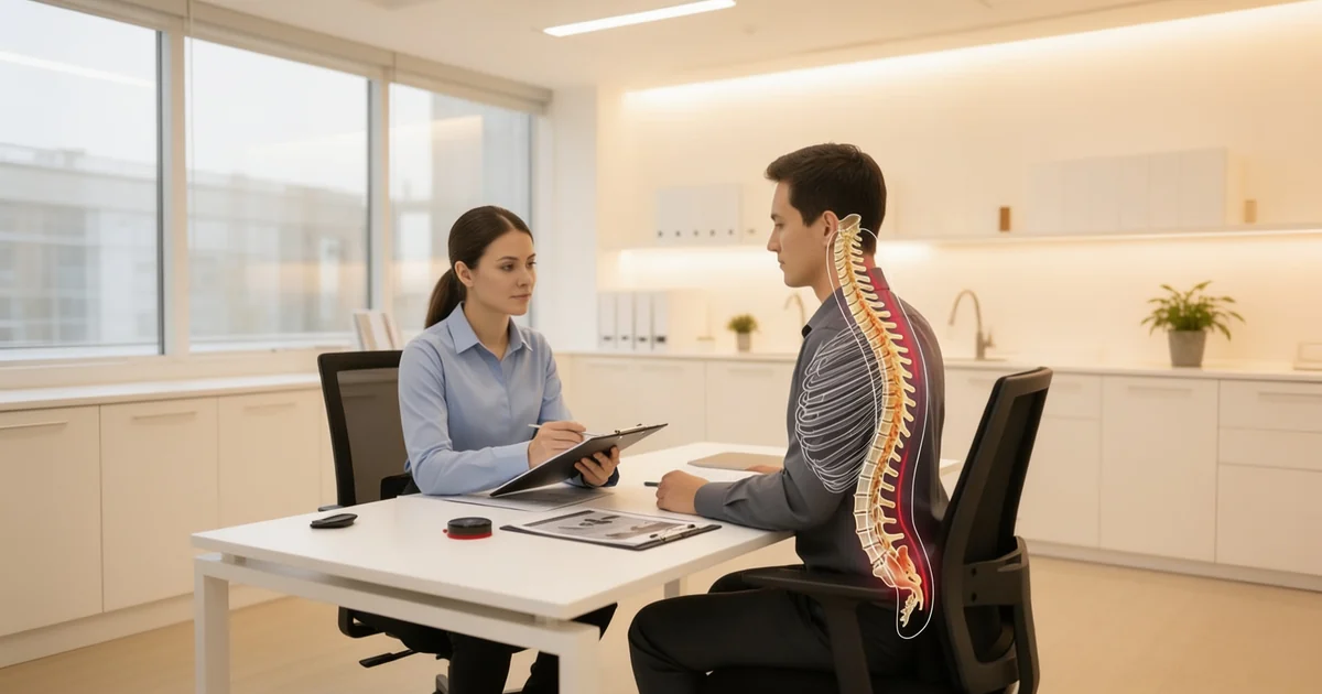 Especialista em cinesiologia realizando avaliação postural e análise ergonômica de trabalhador em ambiente corporativo - SSO Medicina do Trabalho Especialista em cinesiologia realizando avaliação postural e análise ergonômica de trabalhador em ambiente corporativo - SSO Medicina do Trabalho