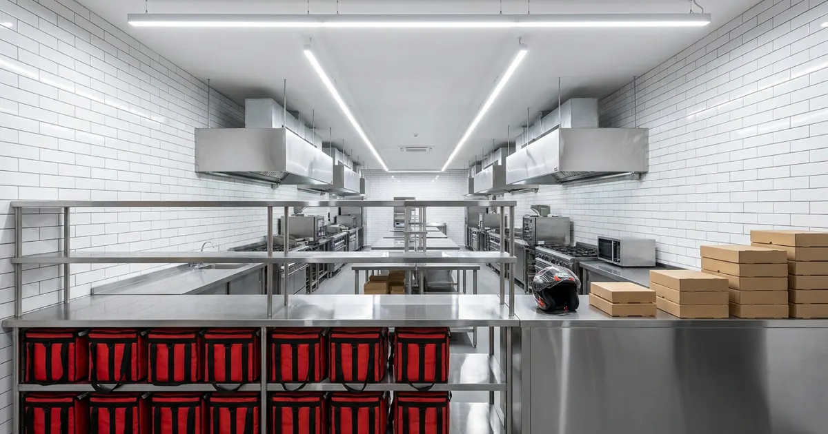Cozinha de dark kitchen em operação para delivery com equipe uniformizada Cozinha de dark kitchen em operação para delivery com equipe uniformizada